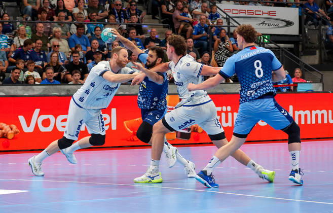 October 4, 2026, Germany, Stuttgart, Opel HBL, 2026–2027 Bundesliga, TVB Stuttgart vs. TBV Lemgo Lippe, from left: Lenny Rubin (TBV), Mohamed Amine Darmoul (TVB), Joël Willecke (TBV), Max Heydecke (TVB)