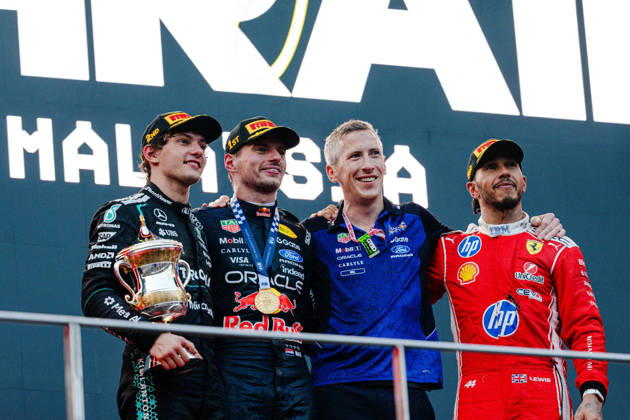 2026 Malaysian Grand Prix - Podium ANDREA KIMI ANTONELLI (ITA) of Mercedes-AMG PETRONAS Formula One Team MAX VERSTAPPEN (NED) of Oracle Red Bull Racing LEWIS HAMILTON (GBR) of Scuderia Ferrari HP PODIUM Driver’s Parade on Sunday during the 2026 Formula 1 Gulf Air Bahrain Grand Prix in Malaysia at Sepang International Circuit on October 4, 2026. Photo by Tan Jun Da ABACAPRESS.COM Kuala Lumpur Malaysia Copyright: xJunxDaxTan ABACAx
