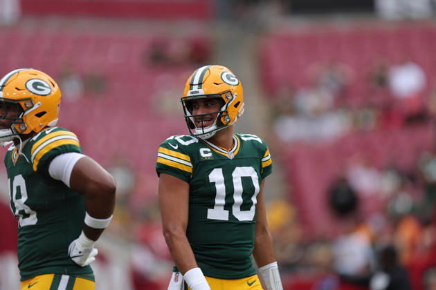 Oct 4, 2026; Tampa, FL, USA; Green Bay Packers quarterback Jordan Love (10) looks on during pregame warms up before the NFL, American Football Herren, USA game between the Green Bay Packers and Tampa Bay Buccaneers at Raymond James Stadium. Mandatory Credit: Taylor McFee-Cal Media NFL 2026: Packers Vs Buccaneers OCT 04 - ZUMAc04_ 20261004_zma_c04_011 Copyright: xTaylorxMcfeex