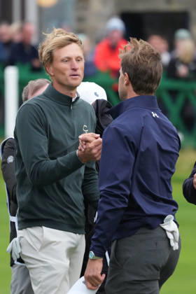 RECORD DATE NOT STATED 4th October 2026; Old Course at St Andrews, Mount Melville, Scotland; DP World Tour Golf, Alfred Dunhill Links Championship, Final Day; Adrian Meronk and Thomas Detry shake hands on the 18th hole, Adrian Meronk wins the tournament and is champion golfer AlecxBrown