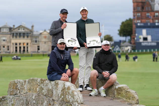 RECORD DATE NOT STATED 4th October 2026; Old Course at St Andrews, St Andrews, Scotland; DP World Tour Golf, Alfred Dunhill Links Championship, Final Day; Tom Chaplin, Adrian Meronk and their caddies hold the team championship trophy on the Swilcan Bridge AlecxBrown