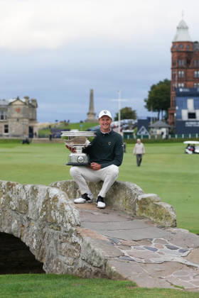 RECORD DATE NOT STATED 4th October 2026; Old Course at St Andrews, St Andrews, Scotland; DP World Tour Golf, Alfred Dunhill Links Championship, Final Day; Adrian Meronk holds the Alfred Dunhill trophy on the Swilcan Bridge after winning the tournament and becoming champion golfer AlecxBrown