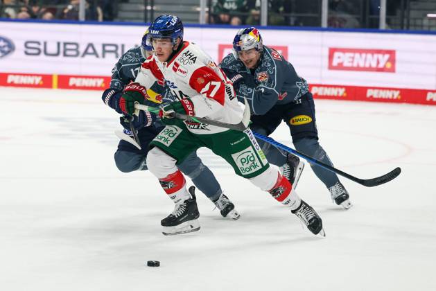 One-on-one, action, featuring Kyle Mayhew (27, Augsburger Panther) and Taro Hirose (17, EHC Red Bull Munich), EHC Red Bull Munich vs. Augsburger Panther, Matchday 6, Ice Hockey, Penny DEL, October 3, 2026, Munich, Bavaria, Germany Copyright: xkolbert-press ChristianxKolbertx