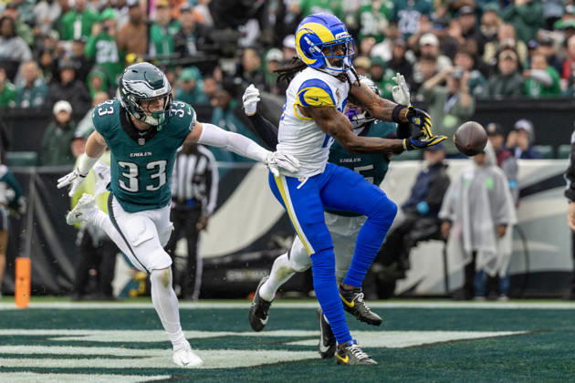 Philadelphia Eagles cornerback Cooper DeJean (33) and cornerback Michael Carter II (35) break up a pass in the end zone intended for Los Angeles Rams wide receiver Davante Adams (17) in the first quarter at Lincoln Financial Field in Philadelphia, Pennsylvania on Sunday, October 4, 2026.  PHI20261004003 LAURENCExKESTERSON