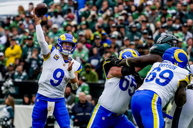 October 4, 2026, Philadelphia, Pa, USA: Oct 4, 2026; Philadelphia, PA, USA; Los Angeles Rams quarterback Matthew Stafford (9) throws a pass at Lincoln Financial Field. Mandatory Credit: -Cal Media Philadelphia USA - ZUMAcs17 20261004_faf_cs17_148 Copyright: xScottxSeriox
