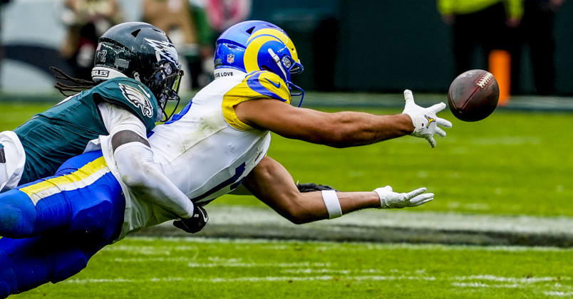 October 4, 2026, Philadelphia, Pa, USA: Oct 4, 2026; Philadelphia, PA, USA; Los Angeles Rams wide receiver Puka Nacua (12) dives to make a catch but misses. at Lincoln Financial Field. Mandatory Credit: -Cal Media Philadelphia USA - ZUMAcs17 20261004_faf_cs17_147 Copyright: xScottxSeriox