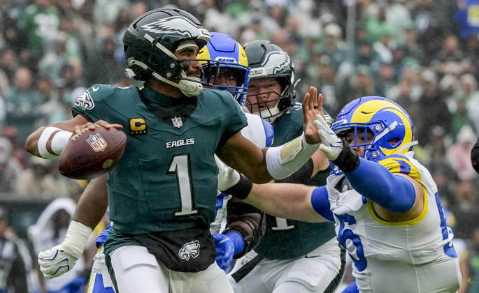 October 4, 2026, Philadelphia, Pa, USA: Oct 4, 2026; Philadelphia, PA, USA; Philadelphia Eagles quarterback Jalen Hurts (1) throws a pass under pressure at Lincoln Financial Field. Mandatory Credit: -Cal Media Philadelphia USA - ZUMAcs17 20261004_faf_cs17_153 Copyright: xScottxSeriox