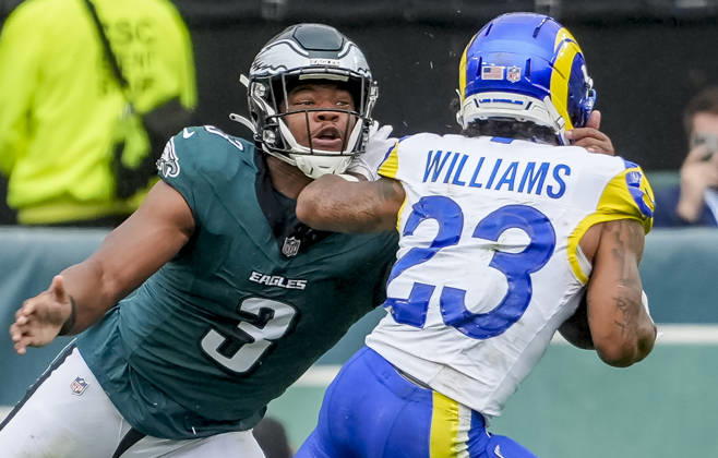 October 4, 2026, Philadelphia, Pa, USA: Oct 4, 2026; Philadelphia, PA, USA; Philadelphia Eagles linebacker Nolan Smith Jr. (3) tries to tackle Los Angeles Rams running back Kyren Williams (23) durin g a run at Lincoln Financial Field. Mandatory Credit: -Cal Media Philadelphia USA - ZUMAcs17 20261004_faf_cs17_159 Copyright: xScottxSeriox