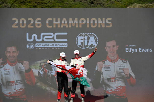IPA89309012 - ,Driver Elfyn Evans and Co-Driver Scott Martin of the Toyota Gazoo Racing WRT team, driving the Toyota GR Yaris Rally1, celebrate their victory as champions during the FIA World Rally Championship WRC, Motorsport Rallye, WM Rally Italia Sardegna 2026 on October 4 in Alghero, Sardinia, Italy Copyright: xLucaxBarsali IPAxSportx xx IPA89309012