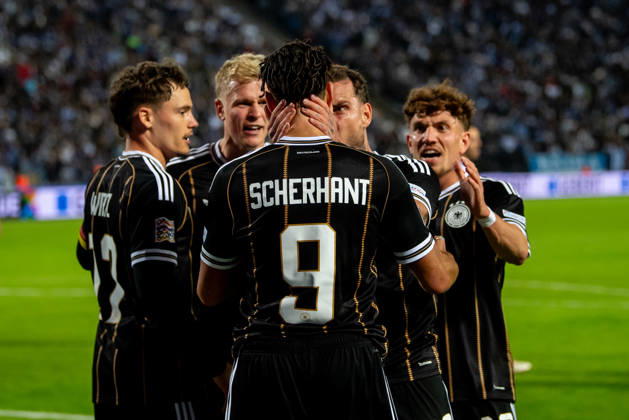Derry Scherhant David Raum goal celebration seen during UEFA Nations League Division A game between National Teams of Greece and Germany (Jacek Prondzynski Ball Raw Images) Thessaloniki Greece, Thessaloniki Greece Copyright: xJacekxProndzynskix jacekprondzynski_greecegermany_2627_055