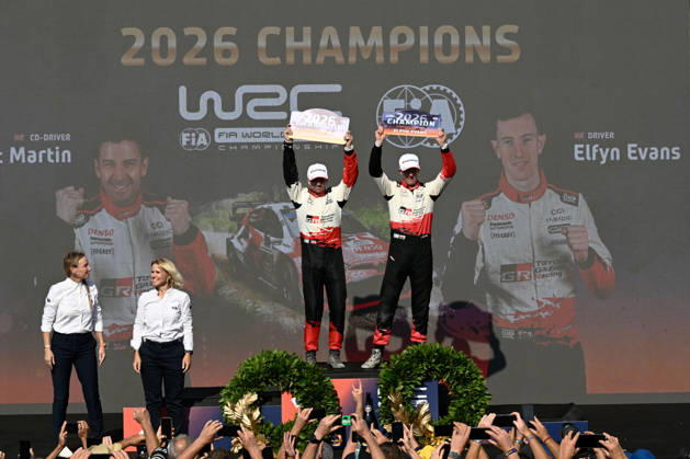 IPA89309437 - ,Driver Elfyn Evans and Co-Driver Scott Martin of the Toyota Gazoo Racing WRT team, driving the Toyota GR Yaris Rally1, celebrate their victory as champions during the FIA World Rally Championship WRC, Motorsport Rallye, WM Rally Italia Sardegna 2026 on October 4 in Alghero, Sardinia, Italy Copyright: xLucaxBarsali IPAxSportx xx IPA89309437