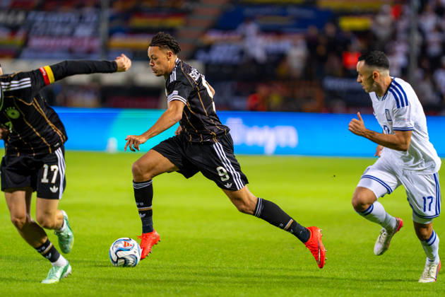 Derry Scherhant, Germany, 09, and Manolis Saliakas, Greece, 17; Greece vs. Germany, Soccer, UEFA Nations League, Matchday 4, 2026–2027 Season, October 4, 2026 Greece vs. Germany, Soccer, UEFA Nations League, Matchday 4, 2026–2027 Season, October 4, 2026 Thessaloniki Copyright: xEibner-Pressefoto J.xDerondeaux EP_JDU