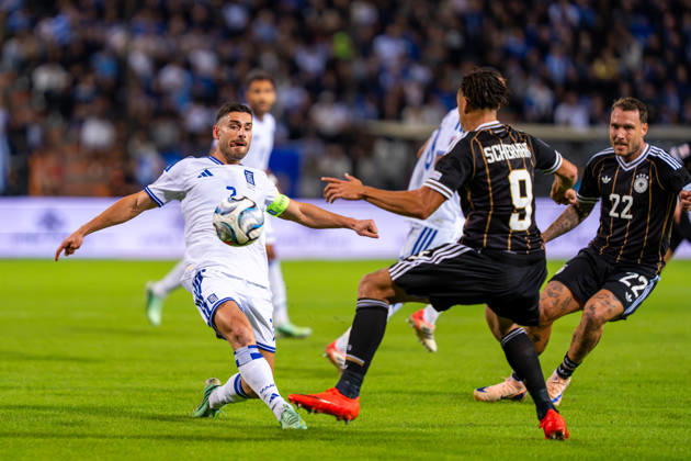 Georgios Masouras, Greece, 07; Derry Scherhant, Germany, 09; and David Raum, Germany, 22; Greece vs. Germany, Soccer, UEFA Nations League, Matchday 4, 2026–2027 Season, October 4, 2026 Greece vs. Germany, Soccer, UEFA Nations League, Matchday 4, 2026–2027 Season, October 4, 2026 Thessaloniki Copyright: xEibner-Pressefoto J.xDerondeaux EP_JDU