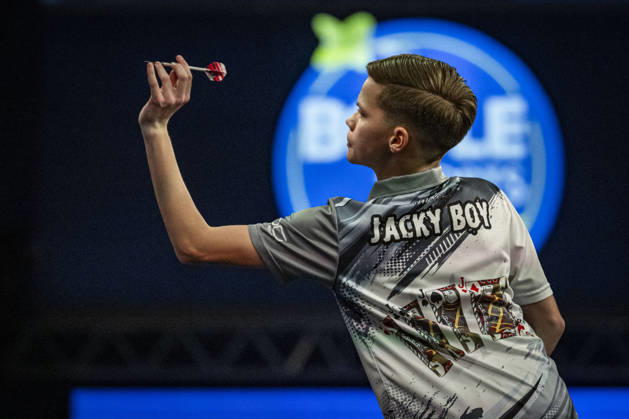 RECORD DATE NOT STATED 4th October 2026; Mattioli Arena, Leicester, England; PDC World Grand Prix Darts, World Grand Prix, Final Day; Jack Johnson on his way to retaining his Junior VOLT Championship in the final in Leicester by defeating Danny Halliday 5-0 GodfreyxPitt