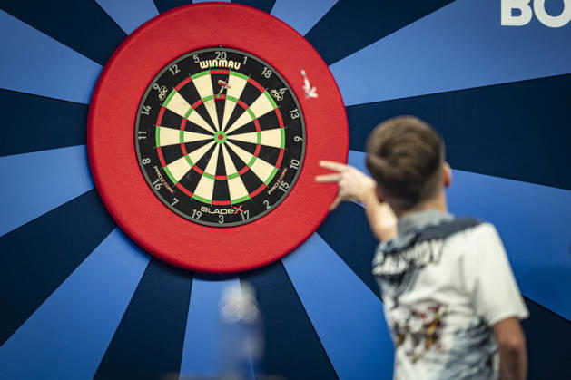 RECORD DATE NOT STATED 4th October 2026; Mattioli Arena, Leicester, England; PDC World Grand Prix Darts, World Grand Prix, Final Day; Jack Johnson on his way to retaining his Junior VOLT Championship in the final in Leicester by defeating Danny Halliday 5-0 GodfreyxPitt