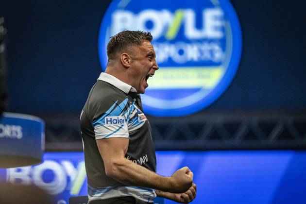 RECORD DATE NOT STATED 4th October 2026; Mattioli Arena, Leicester, England; PDC World Grand Prix Darts, World Grand Prix, Final Day; Gerwyn Price arrives on stage for his final match against Luke Humphries and roars for the fans GodfreyxPitt