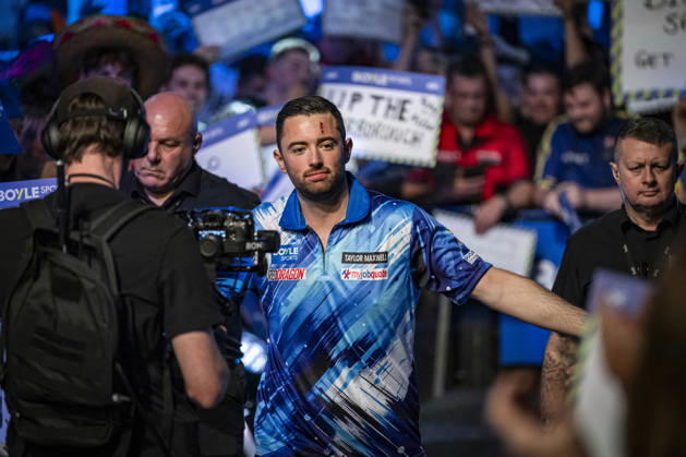 RECORD DATE NOT STATED 4th October 2026; Mattioli Arena, Leicester, England; PDC World Grand Prix Darts, World Grand Prix, Final Day; Luke Humphries greets the fans before his final match against Gerwyn Price GodfreyxPitt