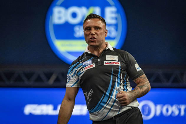 RECORD DATE NOT STATED 4th October 2026; Mattioli Arena, Leicester, England; PDC World Grand Prix Darts, World Grand Prix, Final Day; Gerwyn Price celebrates winning the first set in his final match against Luke Humphries GodfreyxPitt