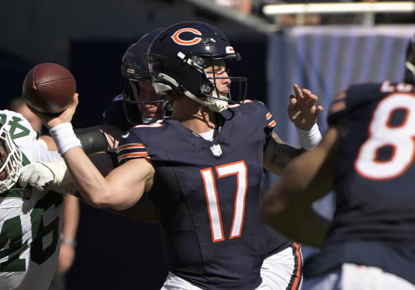 Chicago Bears quarterback Tyson Bagent (17) passes the ball against the New York Jets in the third quarter at Soldier Field in Chicago on Sunday, October 4, 2026. Bears defeated the Jets 23-12. CHI20261004110 MARKxBLACK