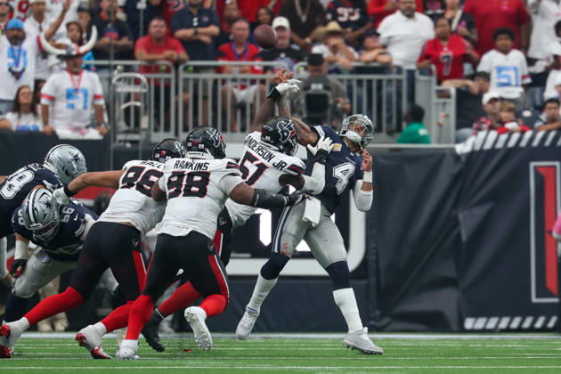 HOUSTON, TX - OCTOBER 04: Quarterback Dak Prescott 4 of the Dallas Cowboys is hit by defensive end Will Anderson Jr. 51 of the Houston Texans as he attempts a pass during the NFL, American Football Herren, USA football game between the Houston Texans and Dallas Cowboys on October 4, 2026, at Reliant Stadium in Houston, TX. (Photo by David Buono Icon Sportswire) NFL: OCT 04 Cowboys at Texans EDITORIAL USE ONLY Icon241004037
