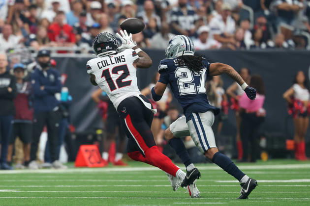 HOUSTON, TX - OCTOBER 04: Wide receiver Nico Collins 12 of the Houston Texans catches a pass over the middle while being defended by safety Kamari Ramsey 27 of the Houston Texans during the NFL, American Football Herren, USA football game between the Houston Texans and Dallas Cowboys on October 4, 2026, at Reliant Stadium in Houston, TX. (Photo by David Buono Icon Sportswire) NFL: OCT 04 Cowboys at Texans EDITORIAL USE ONLY Icon241004038