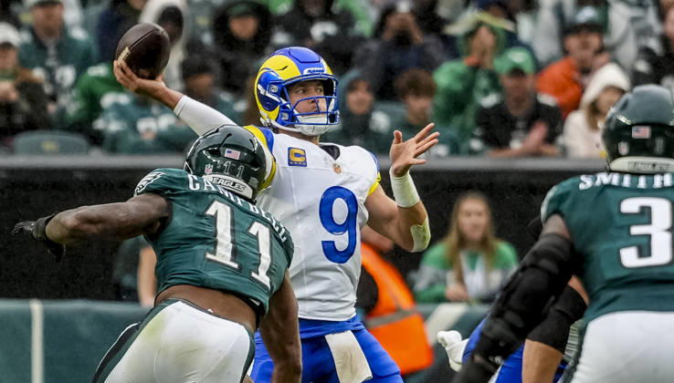 October 4, 2026, Philadelphia, Pa, USA: Oct 4, 2026; Philadelphia, PA, USA; Los Angeles Rams quarterback Matthew Stafford (9) throws a pass during the Rams 24-20 wins against the Eagles at Lincoln Financial Field. Mandatory Credit: -Cal Media Philadelphia USA - ZUMAcs17 20261004_faf_cs17_177 Copyright: xScottxSeriox