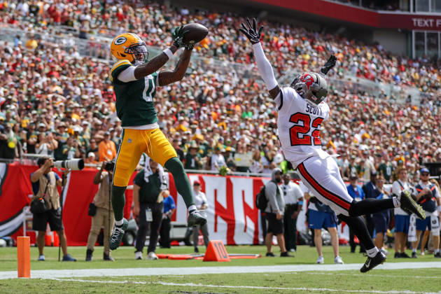 Oct 4, 2026; Tampa, FL, USA; Green Bay Packers wide receiver Matthew Golden (0) catches a touchdown pass during the NFL, American Football Herren, USA game between the Green Bay Packers and Tampa Bay Buccaneers at Raymond James Stadium. Mandatory Credit: Taylor McFee-Cal Media NFL 2026: Packers Vs Buccaneers OCT 04  - ZUMAc04_ 20261004_zma_c04_089 Copyright: xTaylorxMcfeex