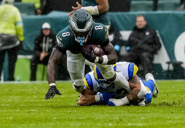 October 4, 2026, Philadelphia, Pa, USA: Oct 4, 2026; Philadelphia, PA, USA; Philadelphia Eagles running back Tank Bigsby (8) rushes from scrimmage and is brought down by Los Angeles Rams linebacker Nate Landman (53) during the Rams 24-20 wins against the Eagles at Lincoln Financial Field. Mandatory Credit: -Cal Media Philadelphia USA - ZUMAcs17 20261004_faf_cs17_183 Copyright: xScottxSeriox