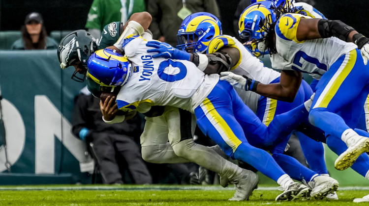 October 4, 2026, Philadelphia, Pa, USA: Oct 4, 2026; Philadelphia, PA, USA; Philadelphia Eagles quarterback Jalen Hurts (1) is sacked on the final drive as the Rams defeat the Eagles 24-20 at Lincoln Financial Field. Mandatory Credit: -Cal Media Philadelphia USA - ZUMAcs17 20261004_faf_cs17_186 Copyright: xScottxSeriox
