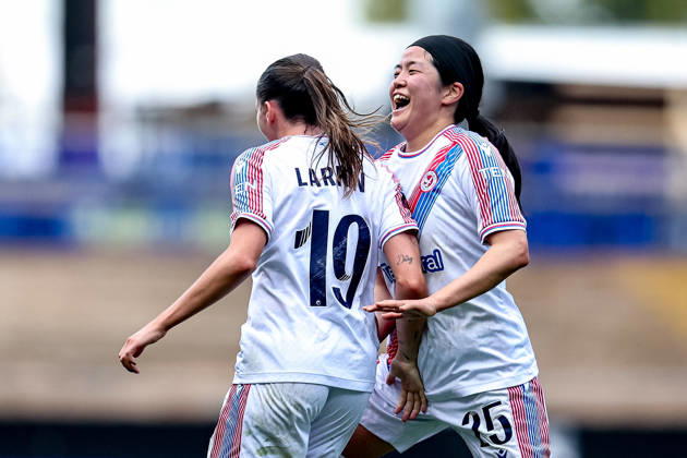Aston Villa Women v Crystal Palace Women, Women s Super League GOAL scores 1-1 Crystal Palace Women forward Abbie Larkin (19) and and celebrates with Crystal Palace Women midfielder Fuka Tsunoda (25) during the Women s Super League match between Aston Villa Women and Crystal Palace Women at Villa Park, Birmingham, UK on 4 October 2026. Birmingham Villa Park West Midlands UK Editorial use only , Copyright: xManjitxNarotrax PSI-24960-0086