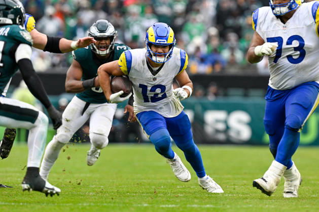 PHILADELPHIA, PA - OCTOBER 04: Los Angeles Rams wide receiver Puka Nacua 12 runs with the ball after a catch during the game between the Philadelphia Eagles and the Los Angeles Rams on October 4th, 2026 at Lincoln Financial Field in Philadelphia, PA. (Photo by Terence Lewis Icon Sportswire) NFL, American Football Herren, USA OCT 04 Rams at Eagles EDITORIAL USE ONLY Icon261004033