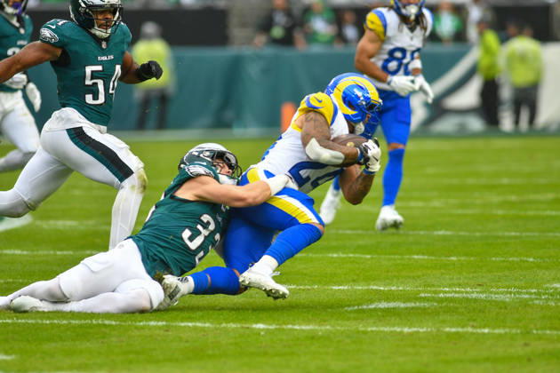 October 4, 2026, Philadelphia, Pennsylvania, United States: LA Rams RB BLAKE CORRUM (24) is tackled by Philadelphia Eagles DB COOPER DESEAN (33) during the game at Lincoln Financial Field Philadelphia United States - ZUMArf1_ 20261004_zaf_rf1_010 Copyright: xRickyxFitchettx