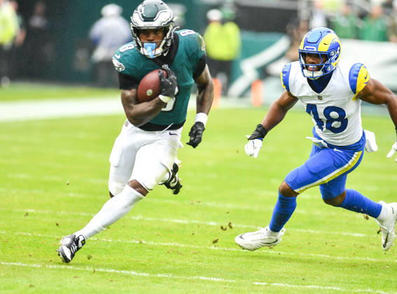 October 4, 2026, Philadelphia, Pennsylvania, United States: Philadelphia Eagles RB TANK BIGSBY (8) in action during the game against the LA Rams at Lincoln Financial Field Philadelphia United States - ZUMArf1_ 20261004_zaf_rf1_015 Copyright: xRickyxFitchettx