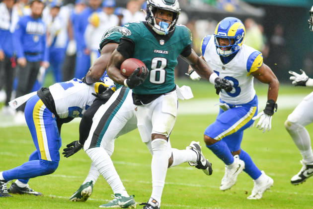 October 4, 2026, Philadelphia, Pennsylvania, United States: Philadelphia Eagles RB TANK BIGSBY (8) in action during the game against the LA Rams at Lincoln Financial Field Philadelphia United States - ZUMArf1_ 20261004_zaf_rf1_016 Copyright: xRickyxFitchettx