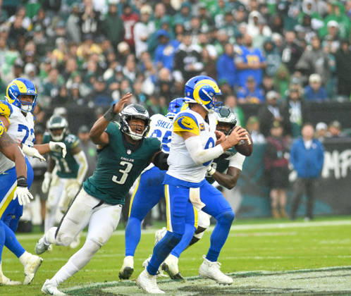 October 4, 2026, Philadelphia, Pennsylvania, United States: LA Rams QB MATHEW STAFFORD (9) being chased by OLB NOLAN SMITH Jr. (3) during the game against the Philadelphia Eagles at Lincoln Financial Field Philadelphia United States - ZUMArf1_ 20261004_zaf_rf1_024 Copyright: xRickyxFitchettx