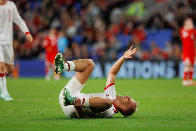 RECORD DATE NOT STATED 4th October 2026; Cardiff City Stadium, Cardiff, Wales; UEFA Nations League Football, Wales versus Denmark; Gustav Isaksen of Denmark on ground after drawing penalty that leads to winning goal AmandaxMcMaster