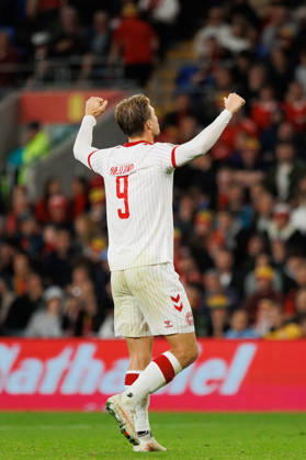 RECORD DATE NOT STATED 4th October 2026; Cardiff City Stadium, Cardiff, Wales; UEFA Nations League Football, Wales versus Denmark; Rasmus H& xf8;jlund of Denmark celebrates after his goal in the 75th minute AmandaxMcMaster