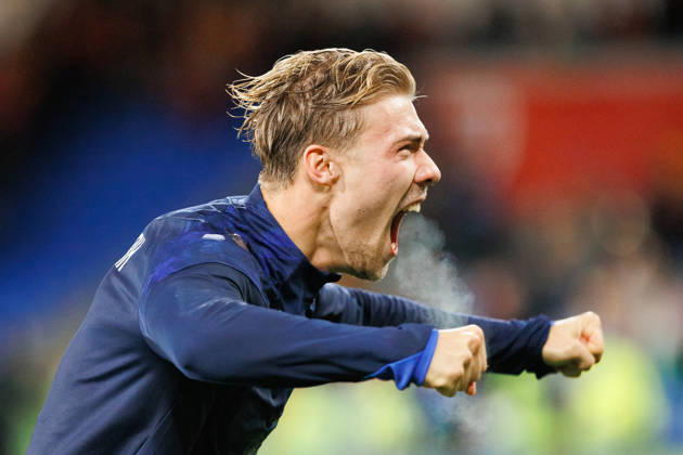 RECORD DATE NOT STATED 4th October 2026; Cardiff City Stadium, Cardiff, Wales; UEFA Nations League Football, Wales versus Denmark; celebrates 1-0 victory over Wales with fans AmandaxMcMaster
