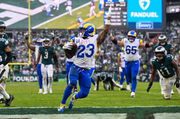 PHILADELPHIA, PA - OCTOBER 04: Los Angeles Rams running back Kyren Williams 23 celebrates scoring a touchdown during the game between the Philadelphia Eagles and the Los Angeles Rams on October 4th, 2026 at Lincoln Financial Field in Philadelphia, PA. (Photo by Terence Lewis Icon Sportswire) NFL, American Football Herren, USA OCT 04 Rams at Eagles EDITORIAL USE ONLY Icon261004038