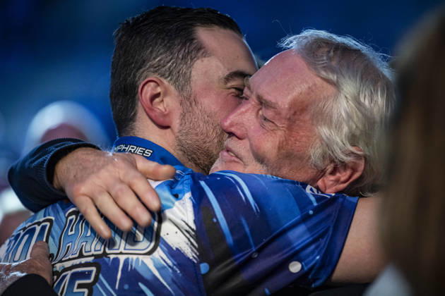 RECORD DATE NOT STATED 4th October 2026; Mattioli Arena, Leicester, England; PDC World Grand Prix Darts, World Grand Prix, Final Day; Luke Humphries celebrates winning the Boyle Sports World Grand Prix against Gerwyn Price and gets a hug from his dad GodfreyxPitt