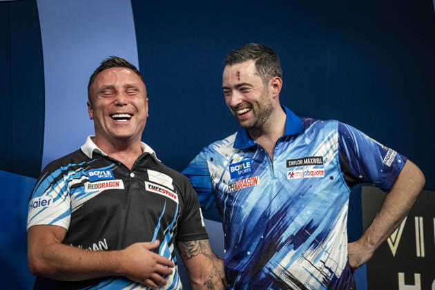 RECORD DATE NOT STATED 4th October 2026; Mattioli Arena, Leicester, England; PDC World Grand Prix Darts, World Grand Prix, Final Day; Gerwyn Price shares a joke with Luke Humphries after the final GodfreyxPitt