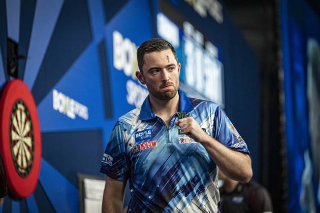 RECORD DATE NOT STATED 4th October 2026; Mattioli Arena, Leicester, England; PDC World Grand Prix Darts, World Grand Prix, Final Day; Luke Humphries celebrates winning a leg in his final match against Gerwyn Price GodfreyxPitt