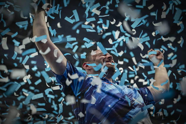 RECORD DATE NOT STATED 4th October 2026; Mattioli Arena, Leicester, England; PDC World Grand Prix Darts, World Grand Prix, Final Day; Luke Humphries celebrates winning the Boyle Sports World Grand Prix against Gerwyn Price as the confetti falls GodfreyxPitt