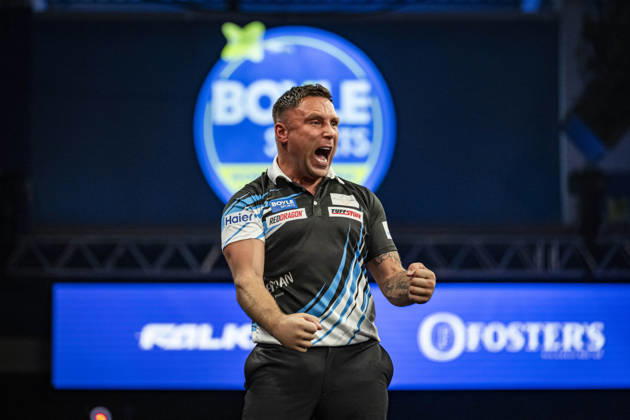 RECORD DATE NOT STATED 4th October 2026; Mattioli Arena, Leicester, England; PDC World Grand Prix Darts, World Grand Prix, Final Day; Gerwyn Price celebrates winning a set in his final match against Luke Humphries GodfreyxPitt