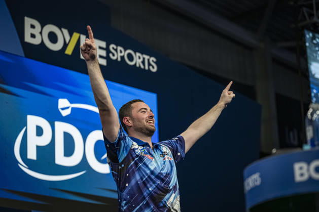 RECORD DATE NOT STATED 4th October 2026; Mattioli Arena, Leicester, England; PDC World Grand Prix Darts, World Grand Prix, Final Day; Luke Humphries celebrates winning the Boyle Sports World Grand Prix against Gerwyn Price GodfreyxPitt