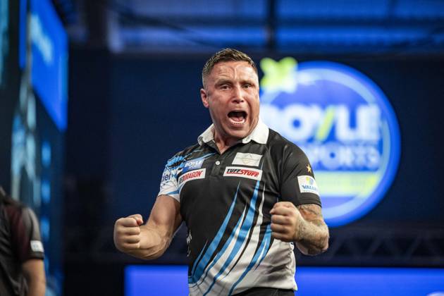RECORD DATE NOT STATED 4th October 2026; Mattioli Arena, Leicester, England; PDC World Grand Prix Darts, World Grand Prix, Final Day; Gerwyn Price celebrates winning a set in his final match against Luke Humphries GodfreyxPitt