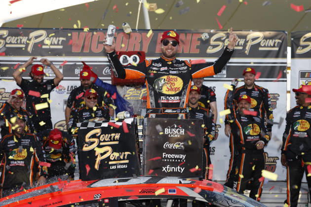 LAS VEGAS, CA - OCTOBER 04: Chase Briscoe ( 19 Joe Gibbs Racing Bass Pro Shops Toyota) celebrates in victory lane after winning the South Point 400 NASCAR, Motorsport, USA Cup Series Chase playoff race on October 4, 2026 at Las Vegas Motor Speedway in Las Vegas, NV. (Photo by Jeff Speer LVMS Icon Sportswire) AUTO: OCT 04 NASCAR Cup Series Playoffs South Point 400 EDITORIAL USE ONLY Icon26100423529
