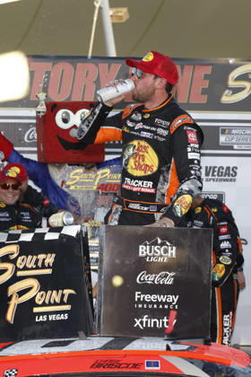 LAS VEGAS, CA - OCTOBER 04: Chase Briscoe ( 19 Joe Gibbs Racing Bass Pro Shops Toyota) celebrates in victory lane after winning the South Point 400 NASCAR, Motorsport, USA Cup Series Chase playoff race on October 4, 2026 at Las Vegas Motor Speedway in Las Vegas, NV. (Photo by Jeff Speer LVMS Icon Sportswire) AUTO: OCT 04 NASCAR Cup Series Playoffs South Point 400 EDITORIAL USE ONLY Icon26100423537