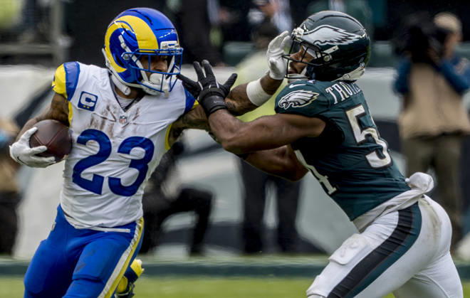 October 4, 2026, Philadelphia, Pa, USA: Oct 4, 2026; Philadelphia, PA, USA; Los Angeles Rams running back Kyren Williams (23) stiff arms Philadelphia Eagles linebacker Jeremiah Trotter Jr. (54) as he heads to the sidelines on a rushign attempt during the Rams 24-20 win against the Eagles at Lincoln Financial Field. Mandatory Credit: -Cal Media Philadelphia USA - ZUMAcs17 20261004_faf_cs17_190 Copyright: xScottxSeriox