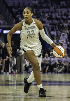 OCT 04 2026 San Francisco, CA U.S.A. CAPTION CORRECTION: Las Vegas Aces center A ja Wilson (22)dribbles the ball on the court during the WNBA, Basketball Damen, USA semifinals playoff game 1 western conference between the Las Vegas Aces and the Golden State Valkyries at the Chase Centers. CSM WNBA Semi Finals Game 1 2026: Las Vegas Vs Golden State OCT 4  - ZUMAc04_ 20261004_zma_c04_356 Copyright: xThurmanxJamesx